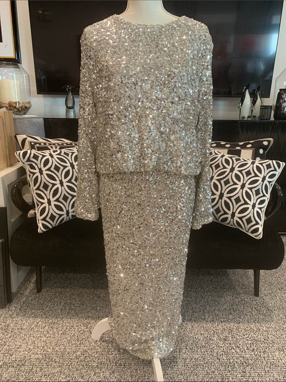AQUA Sequin Two-Piece Evening Dress in Silver - Unbranded XL worn once